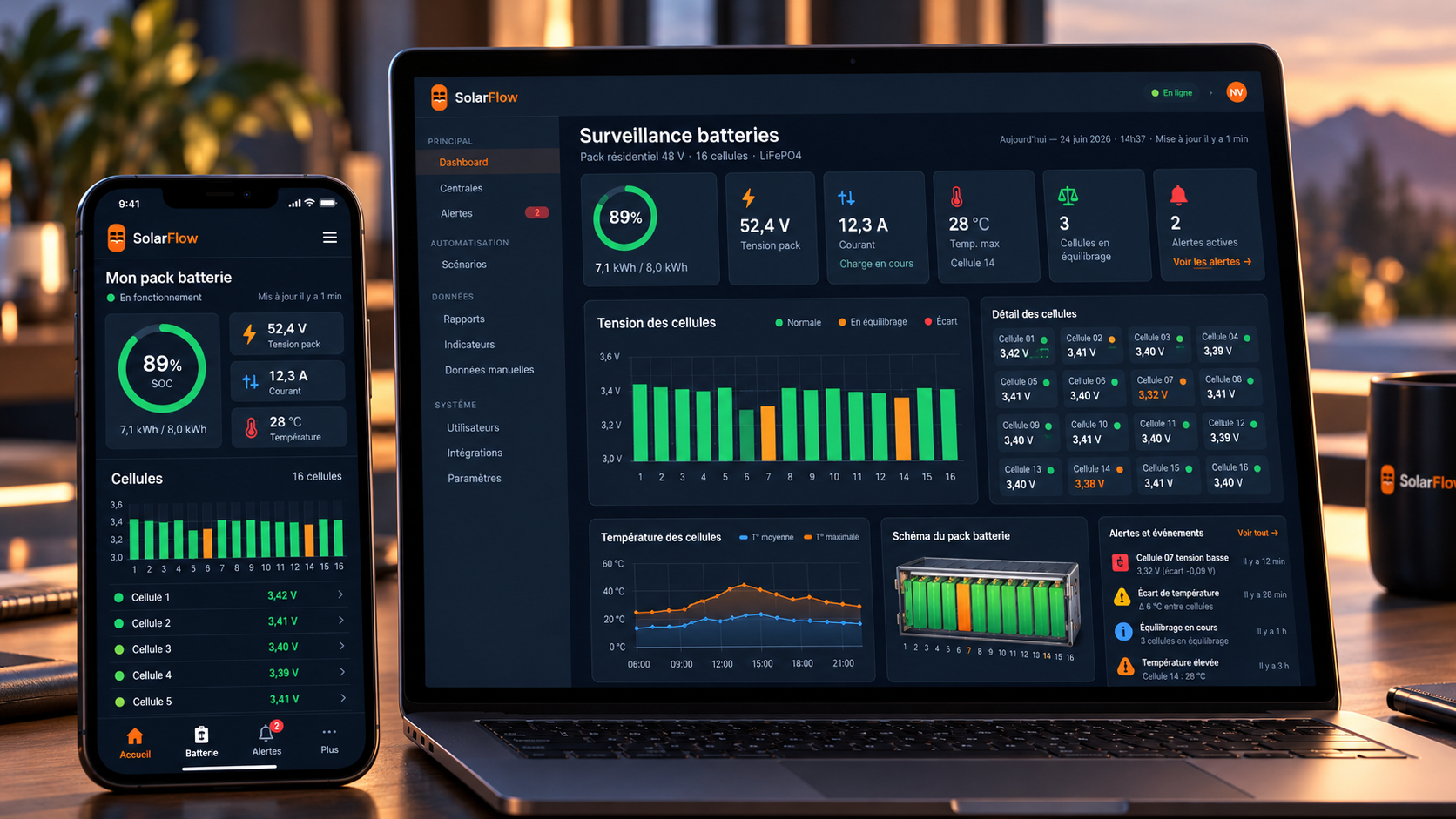 Interface SolarFlow : surveillance des batteries sur ordinateur et smartphone